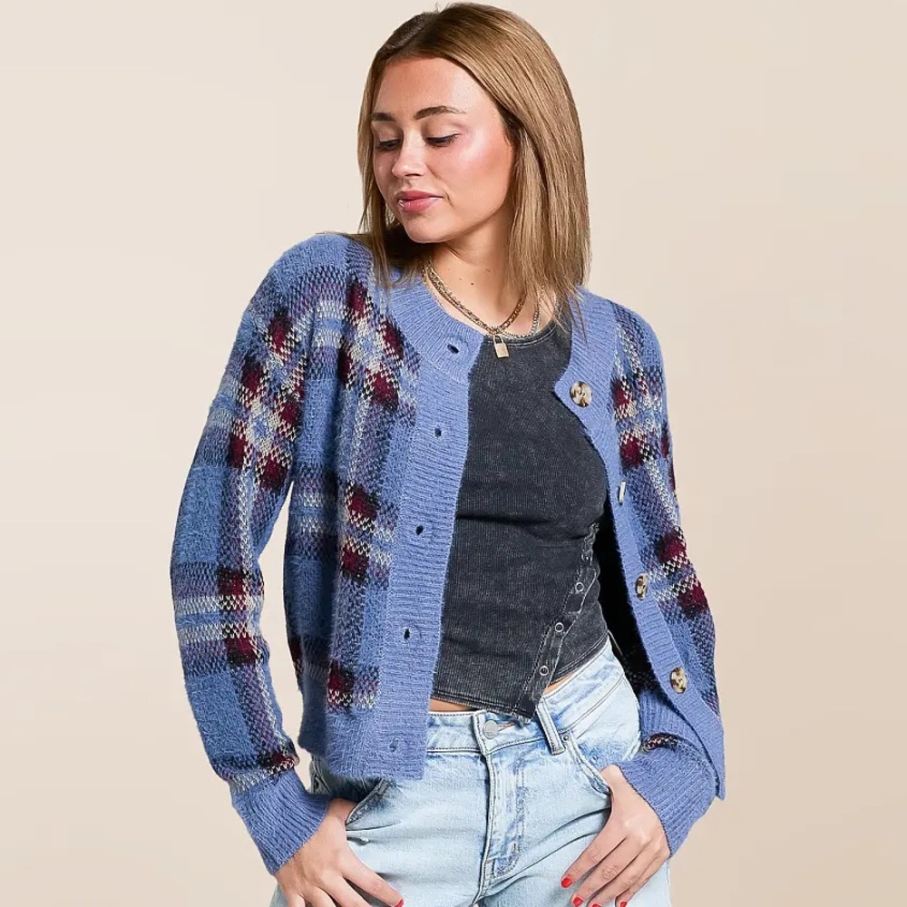 Gilded Intent plaid cardigan sweater